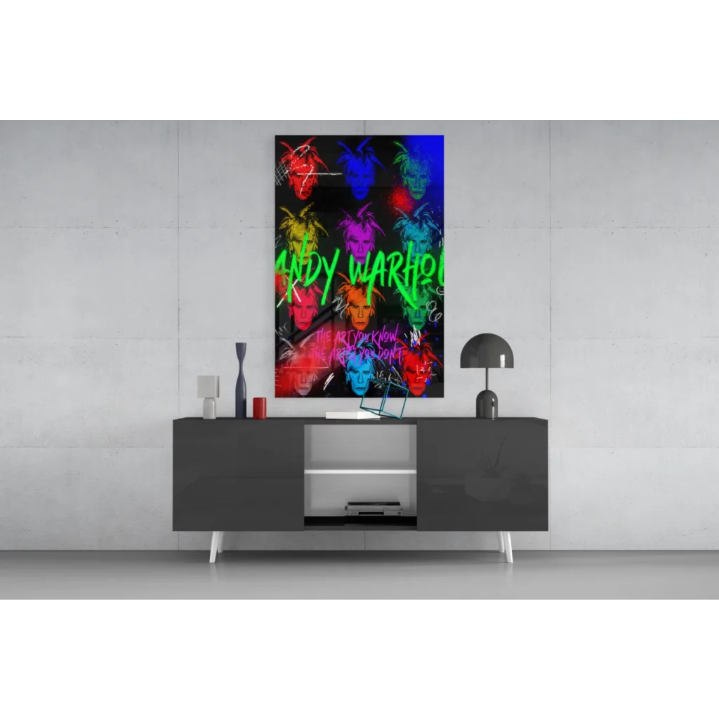 Vibrant Andy Warhol-inspired neon pop art glass wall art with bold graffiti lettering