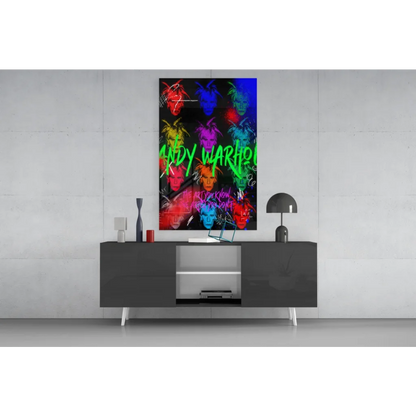 Vibrant Andy Warhol-inspired neon pop art glass wall art with bold graffiti lettering