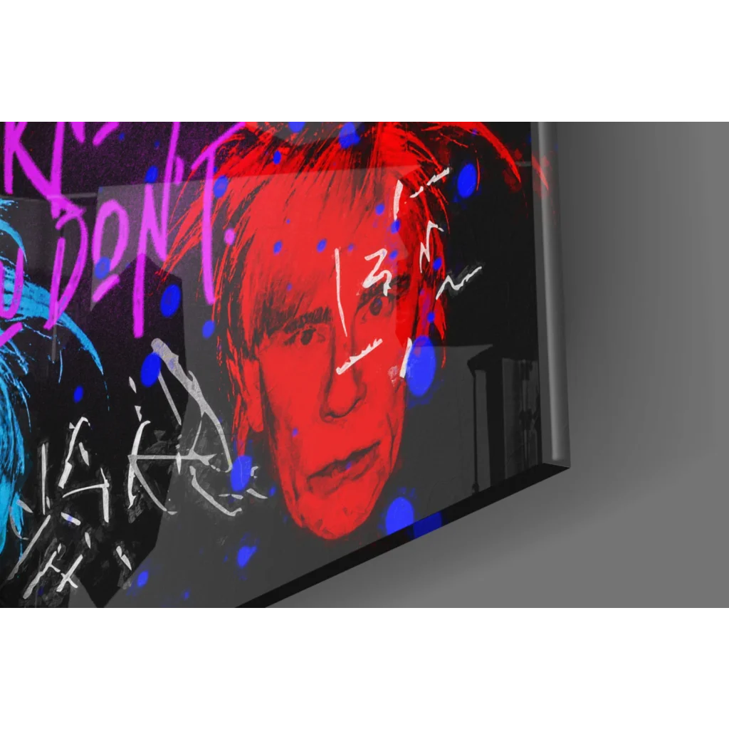 Vibrant red blue spray-painted man portrait on glossy black glass wall art with pink white graffiti text