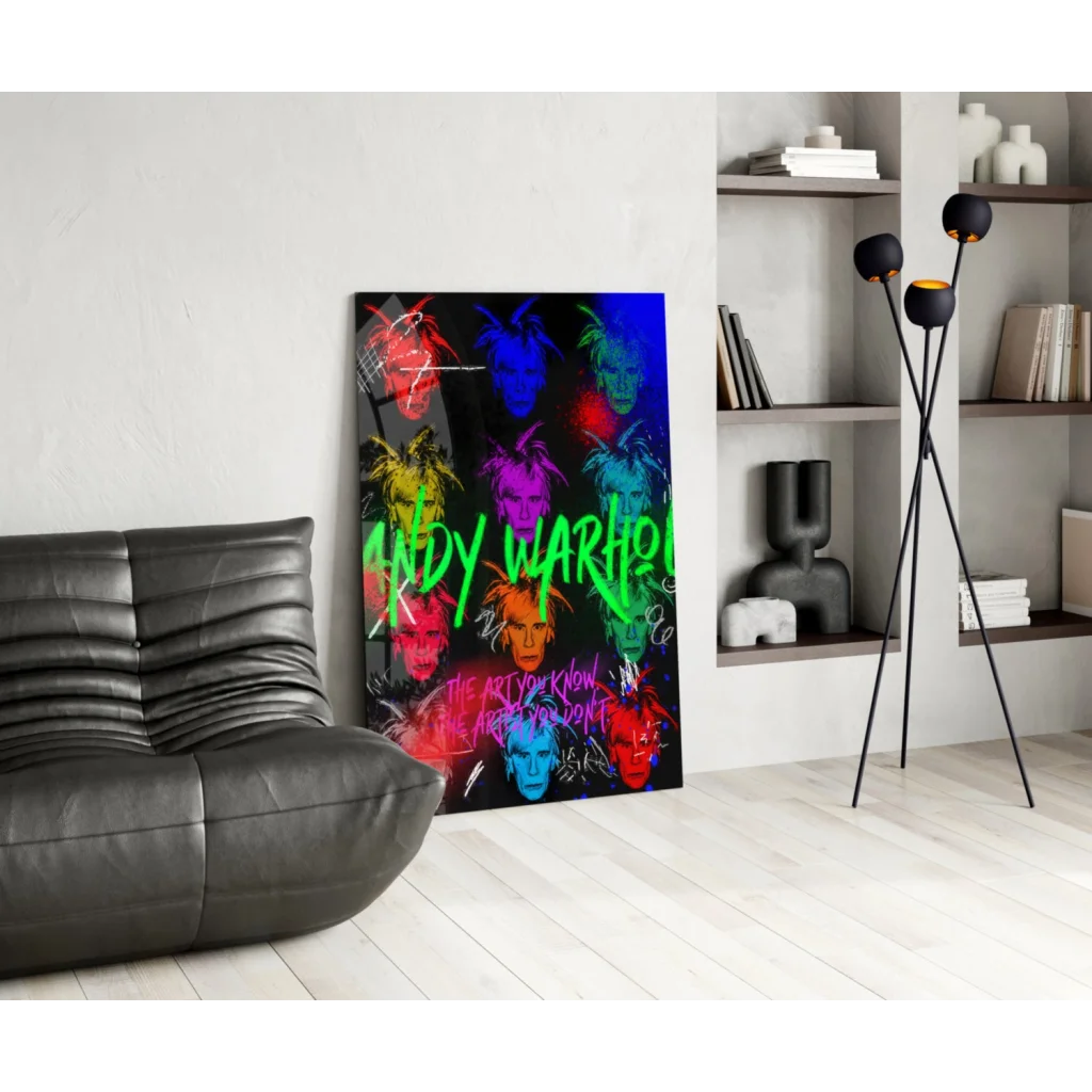 Vibrant neon Warhol glass wall art with bold graffiti portraits