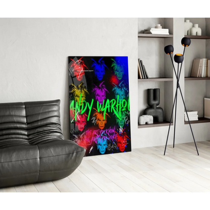 Vibrant neon Warhol glass wall art with bold graffiti portraits
