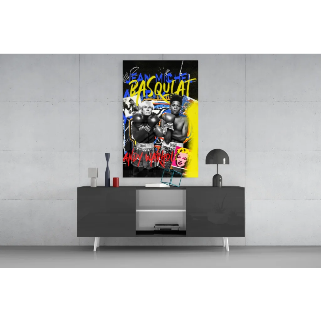 Vibrant graffiti-style glass wall art of boxers and pop icons in bold hues