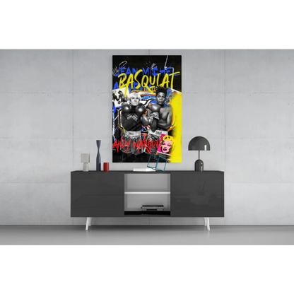 Vibrant graffiti-style glass wall art of boxers and pop icons in bold hues