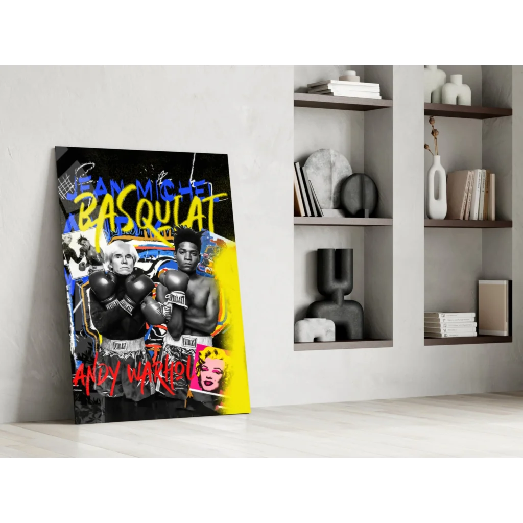 Vibrant Basquiat and Warhol boxing pop art on glass wall art
