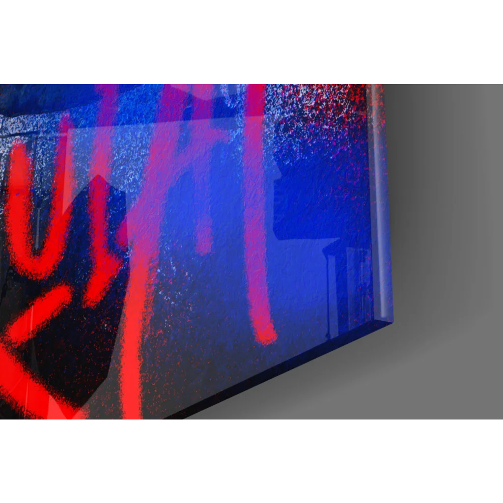 Vibrant Basquiat boxing graffiti glass wall art with bold red blue strokes