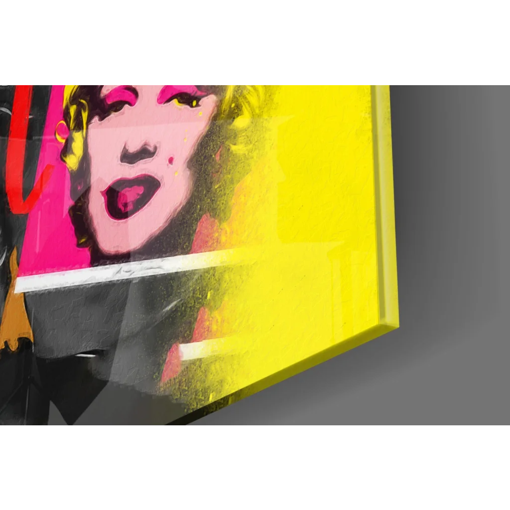 Vibrant pop art glass wall art portrait in bold pink and yellow hues