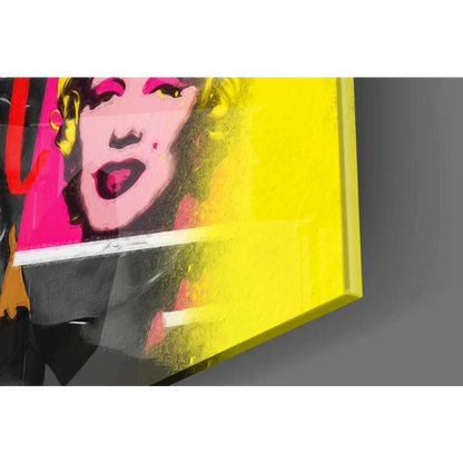 Vibrant pop art glass wall art portrait in bold pink and yellow hues
