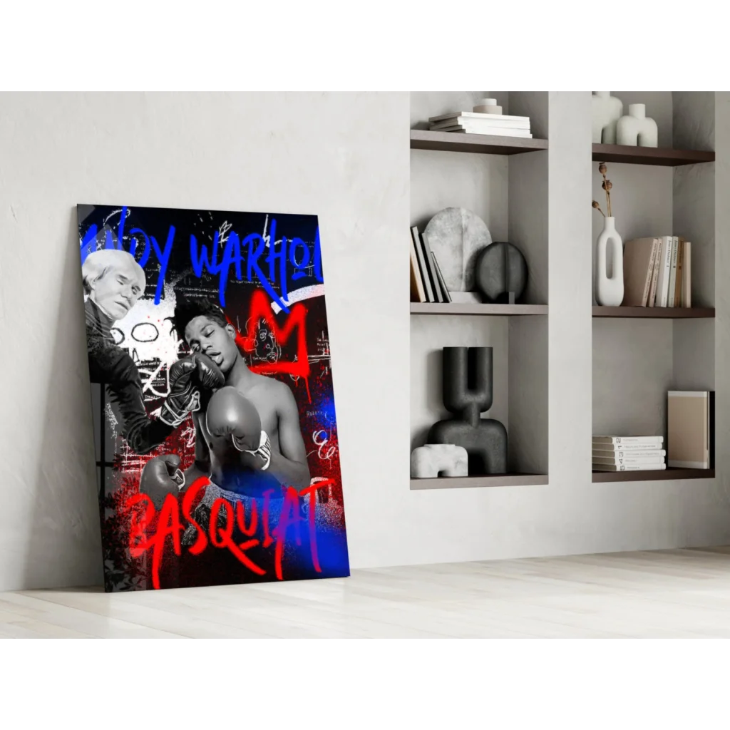 Basquiat boxing legend graffiti wall art canvas print with vibrant boxer and Warhol text