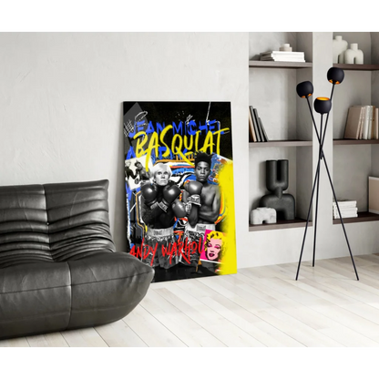 Vibrant graffiti-style glass wall art of two black-and-white boxers with bold yellow, blue, red accents