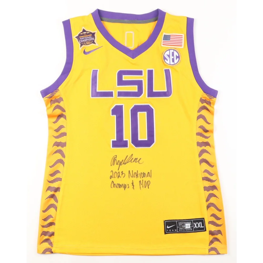 Angel Reese signed LSU Tigers Nike jersey number 10 in yellow and purple colors