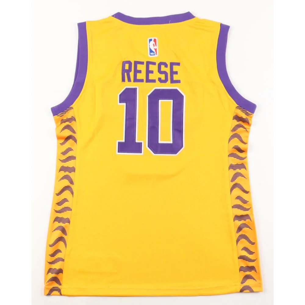 Yellow LSU Tigers Nike jersey with purple trim and tiger stripe side panels featuring Angel Reese
