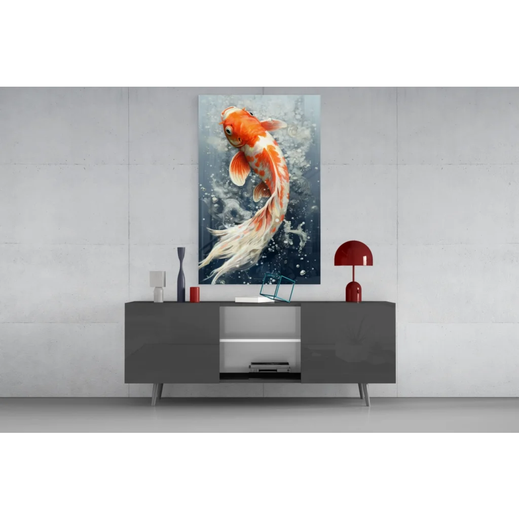 Vibrant orange koi fish glass wall art on gray console table