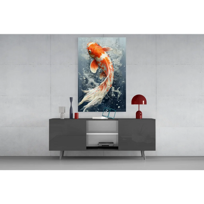 Vibrant orange koi fish glass wall art on gray console table