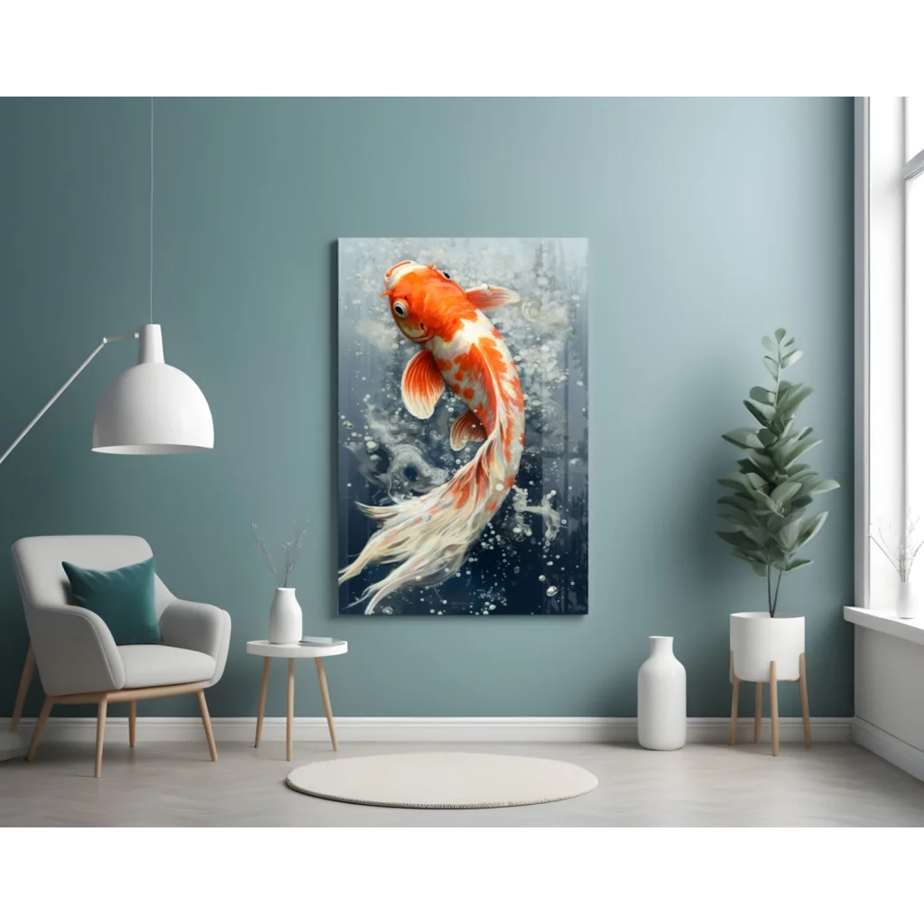 Vibrant orange and white koi fish glass wall art on dark blue canvas