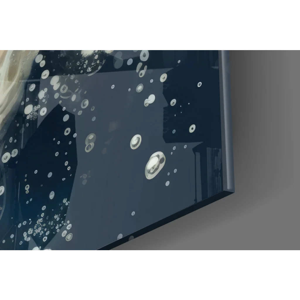 Stunning koi fish glass wall art with dark blue panel and silver circles