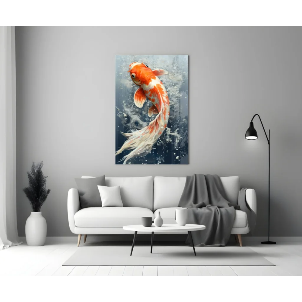 Vibrant orange white koi fish glass wall art on gray wall above sofa