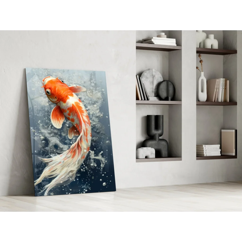Vibrant orange koi fish glass wall art on canvas with blue water backdrop