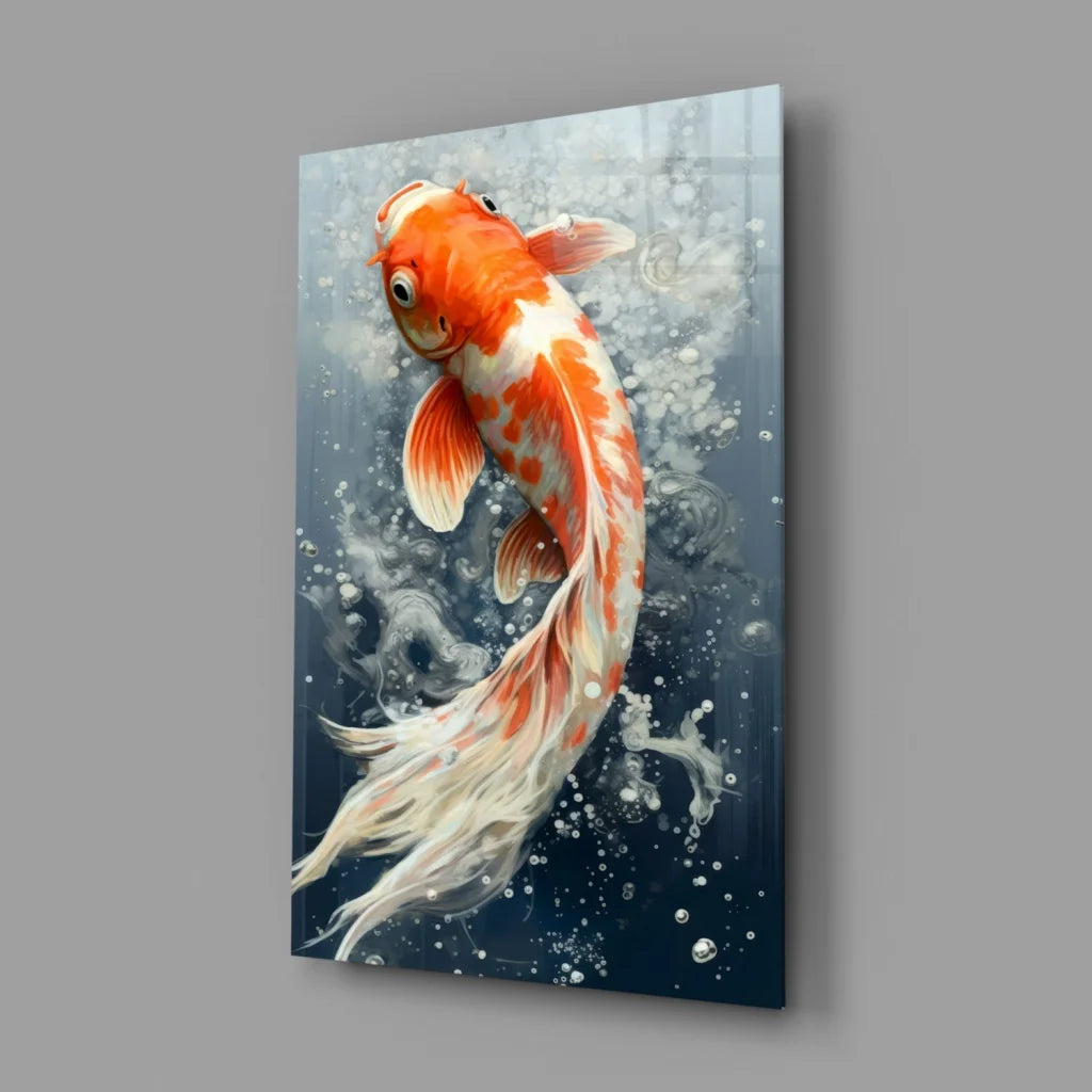 Vibrant orange white koi fish on sleek glass wall art canvas