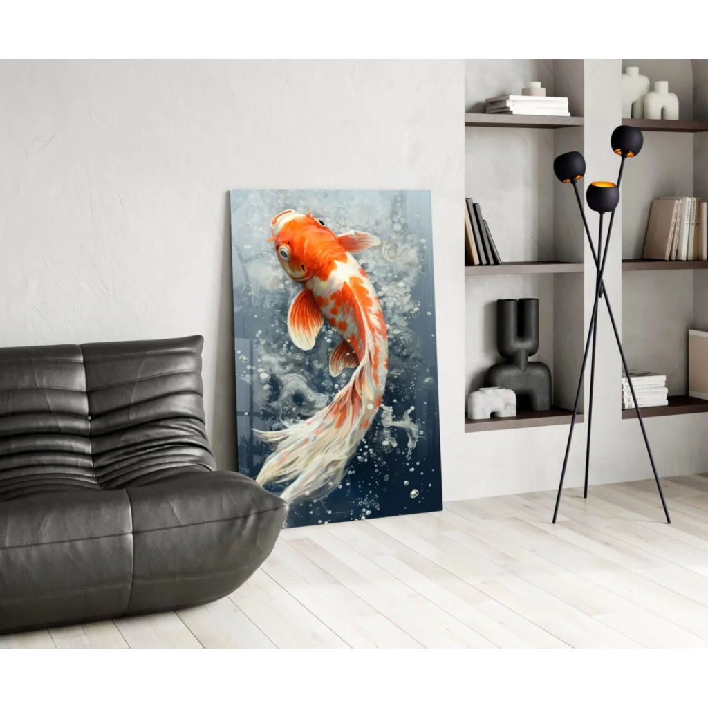 Vibrant orange white koi fish glass wall art with water splashes on dark blue canvas