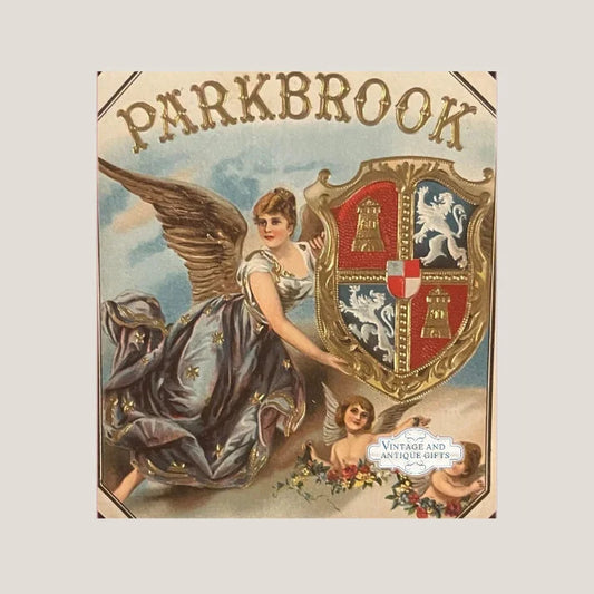 Vintage Angelic Parkbrook Embossed Cigar Label with winged figure and heraldic shield