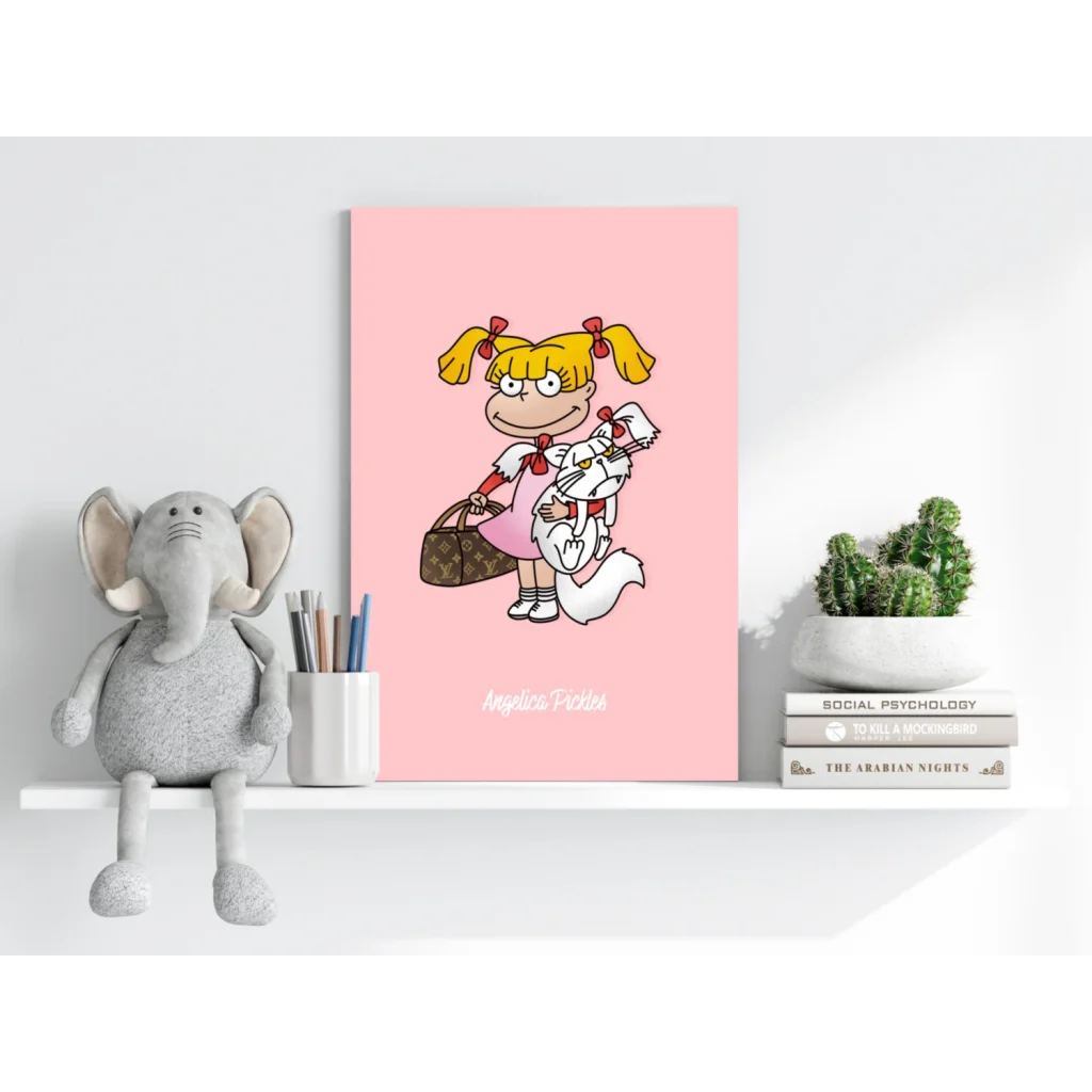 Insigne aluminum prints of pink canvas with cartoon blonde girl and white cat