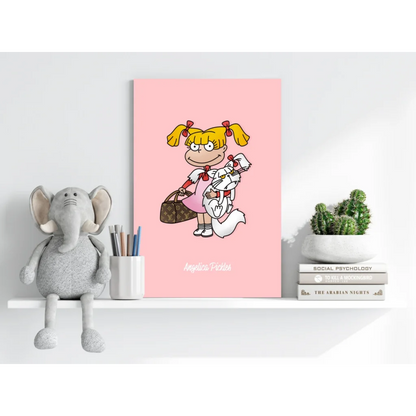 Insigne aluminum prints of pink canvas with cartoon blonde girl and white cat