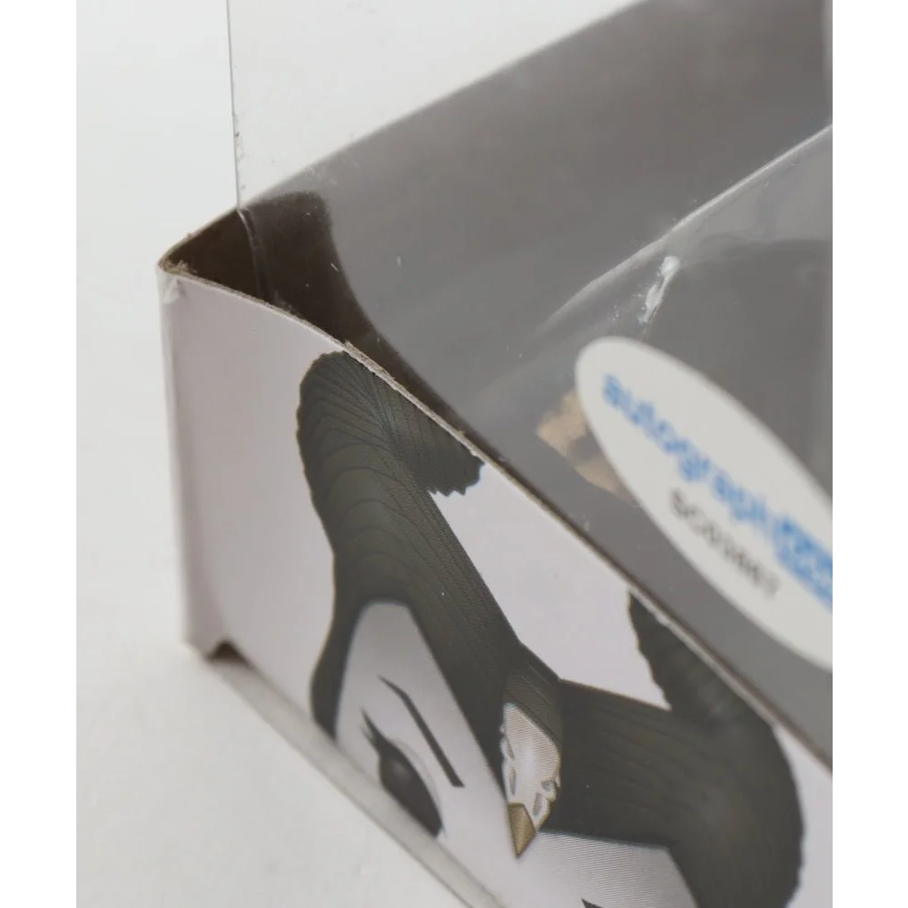 Damaged retail box with cartoon character design for Angelina Jolie Signed Funko Pop Maleficent figure