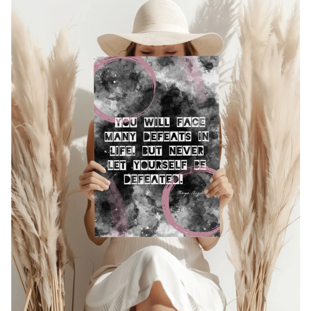 Maya Angelou Defeats Quote Insigne Aluminum Print | Contemporary Home Wall Art | vintageantiquesgifts.com