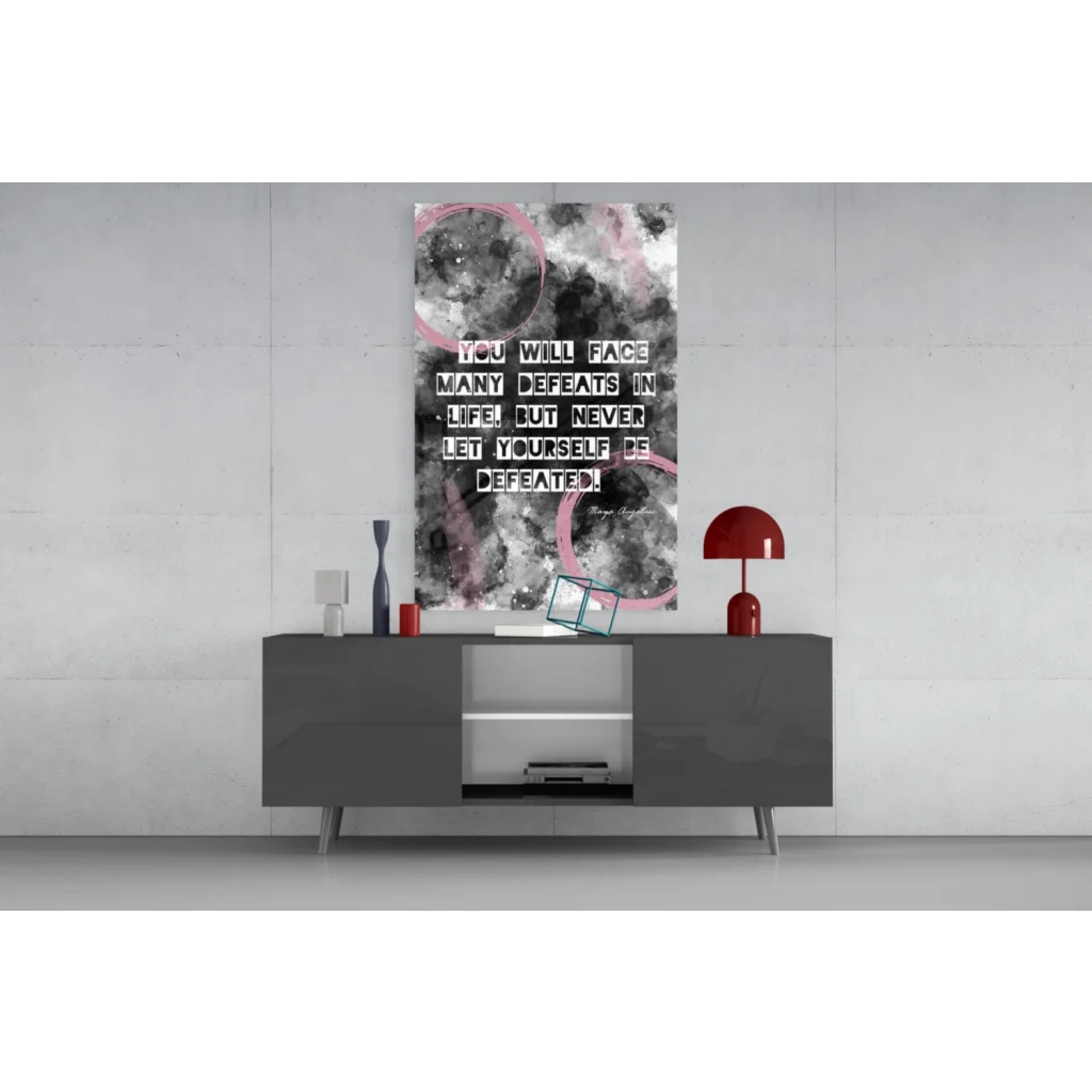 Maya Angelou quote glass wall art with pink watercolor accents