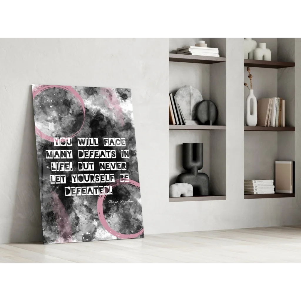 Modern Maya Angelou quote glass wall art in black, white, pink abstract design