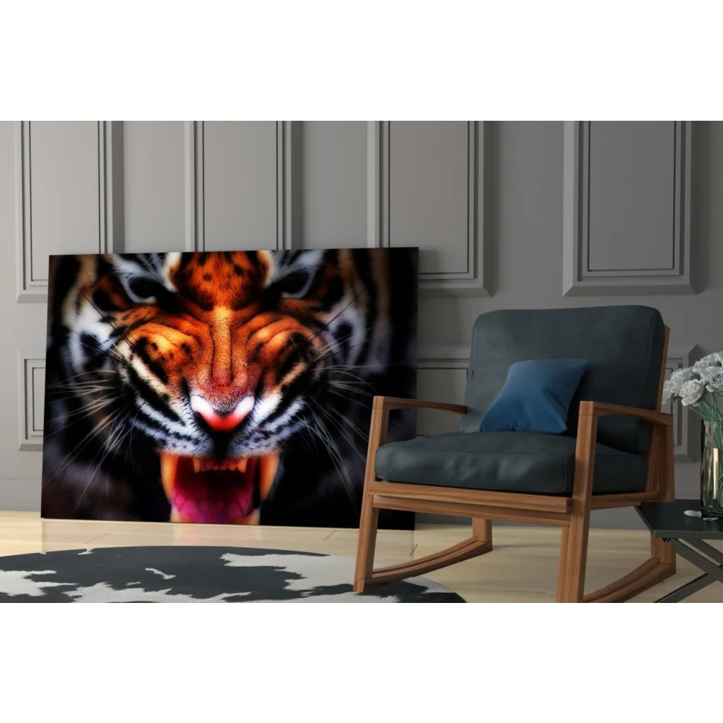 Vibrant tiger face glass wall art print with orange, black, and red details