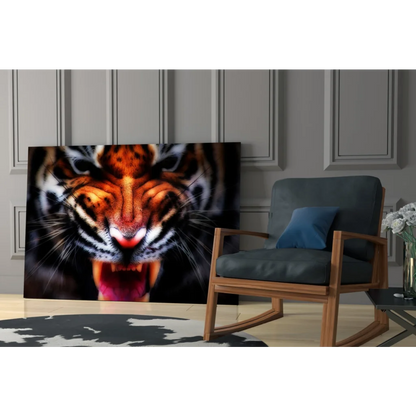 Vibrant tiger face glass wall art print with orange, black, and red details