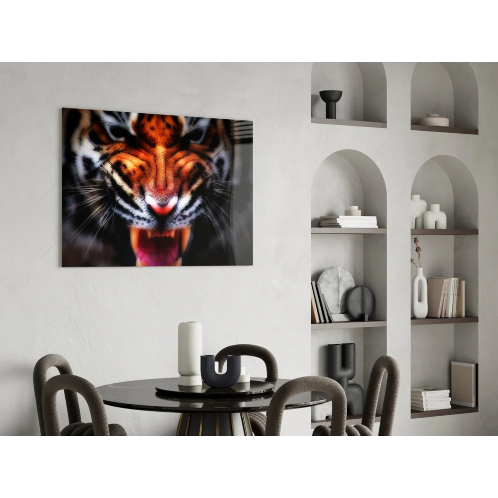 Vibrant tiger portrait glass wall art on minimalist white wall