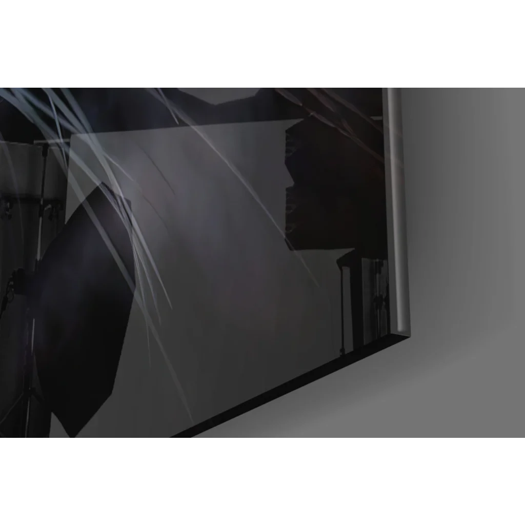Sleek black-framed glass wall art print with reflective screen and abstract white streaks