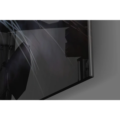 Sleek black-framed glass wall art print with reflective screen and abstract white streaks