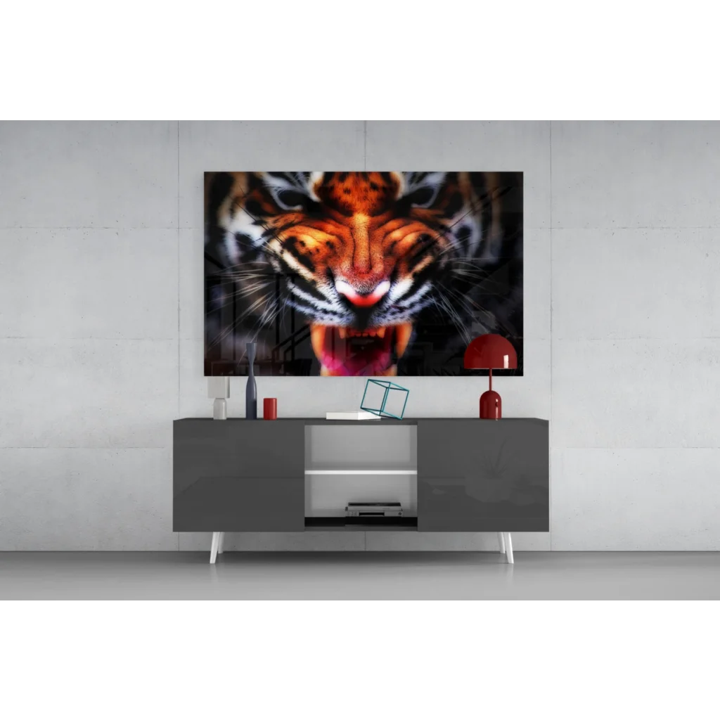Vibrant tiger face glass wall art print with orange, black, red eyes