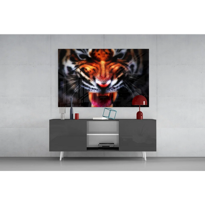 Vibrant tiger face glass wall art print with orange, black, red eyes