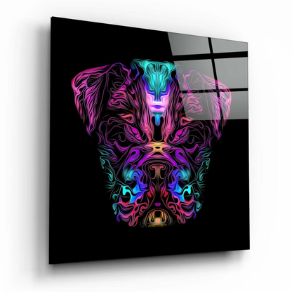 Vibrant neon-pink teal abstract dog head on glossy black glass wall art