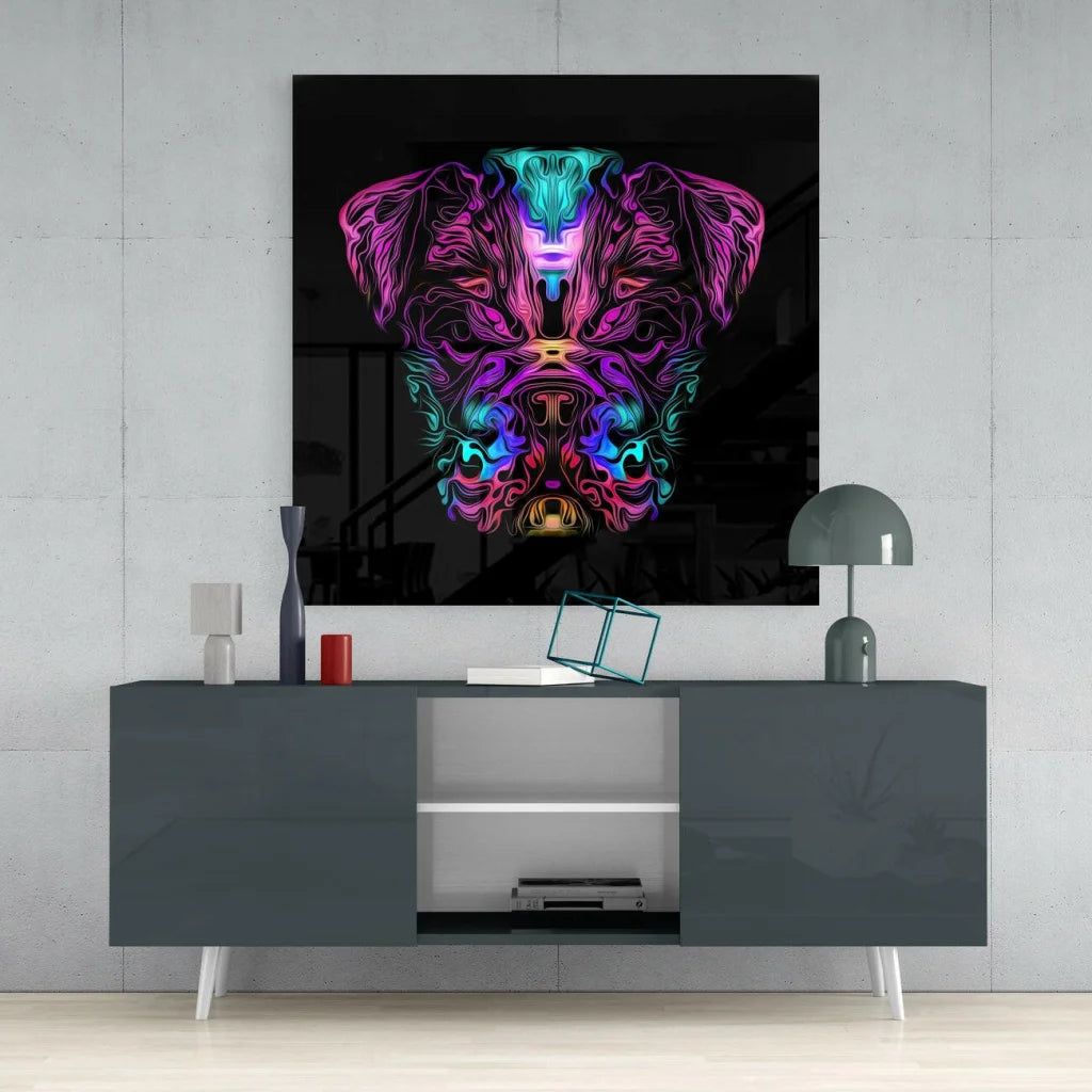 Vibrant neon-pink cyan abstract dog head on glossy black glass wall art