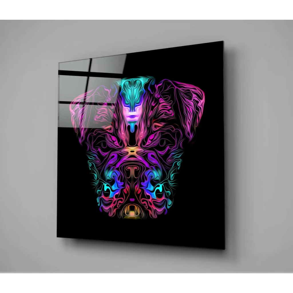 Vibrant neon-pink teal abstract dog face glass wall art on black mirror panel