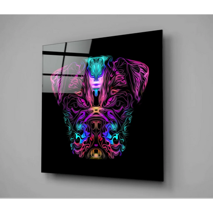 Vibrant neon-pink teal abstract dog face glass wall art on black mirror panel
