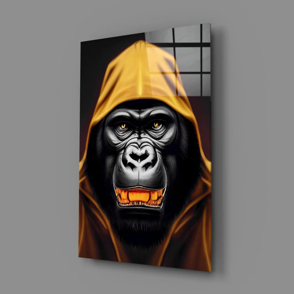 Glowing gorilla glass wall art with orange eyes and golden hoodie