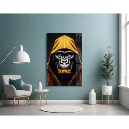 Glowing gorilla glass wall art with golden hoodie in modern living room