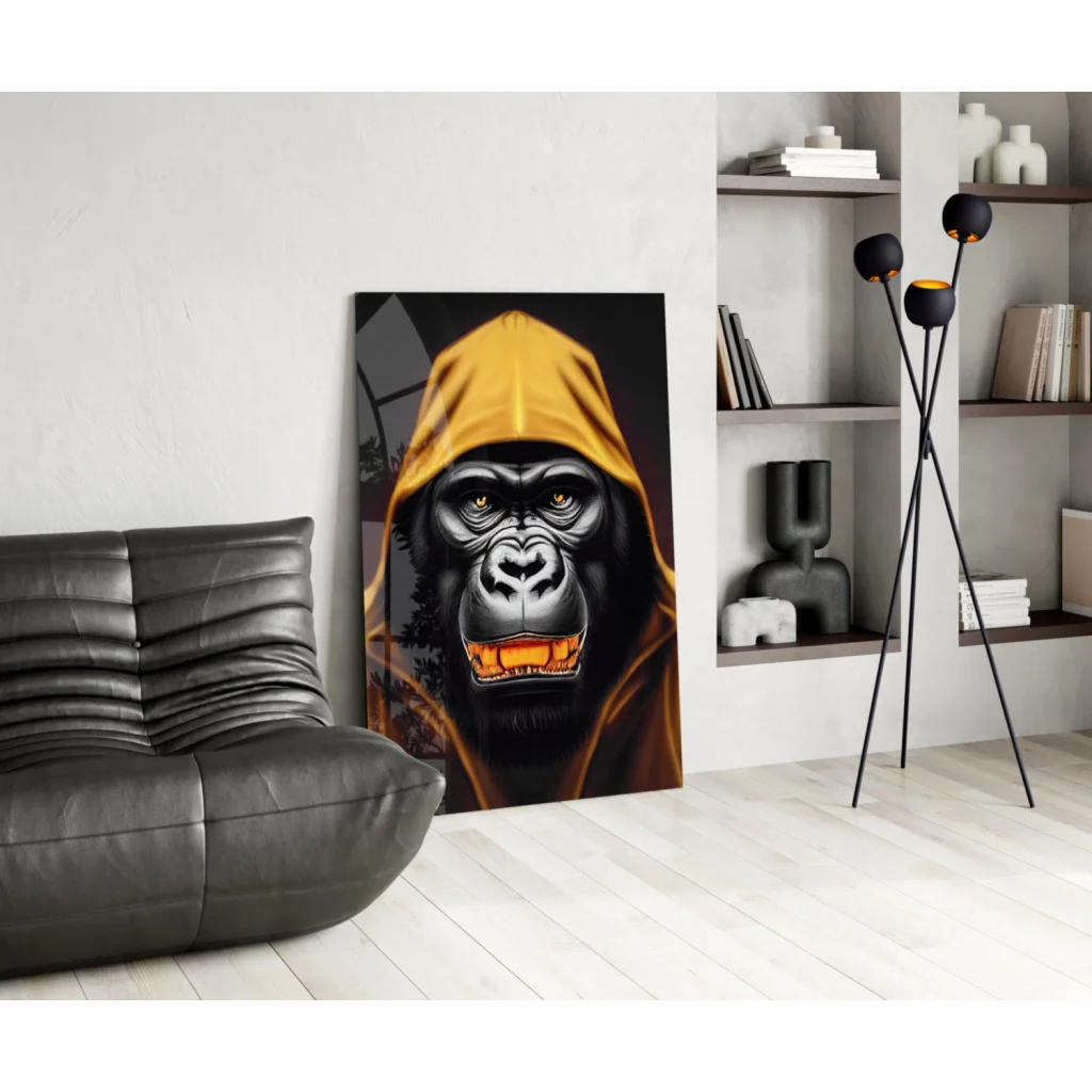 Glowing gorilla glass wall art with yellow hoodie and orange eyes