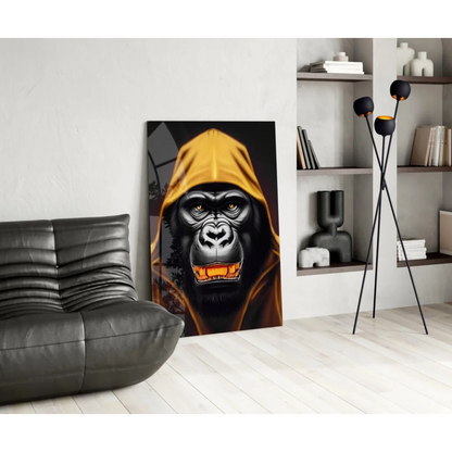 Glowing gorilla glass wall art with yellow hoodie and orange eyes