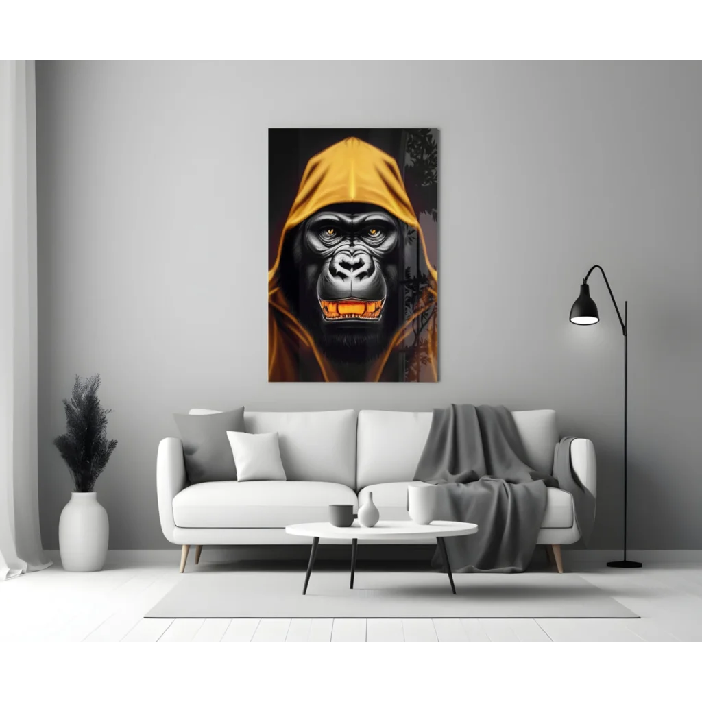 Glowing gorilla glass wall art with golden hoodie and orange eyes