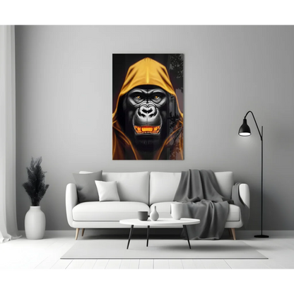 Glowing gorilla glass wall art with golden hoodie and orange eyes