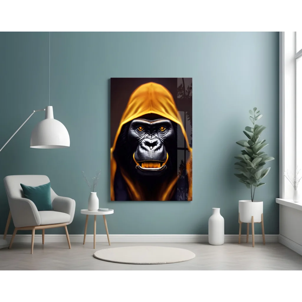 Gorilla in Yellow Hood Glass Wall Art with Glowing Orange Eyes | Contemporary Home Wall Art | vintageantiquesgifts.com