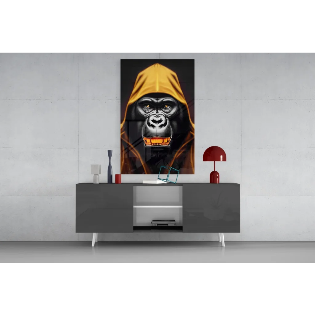 Glowing gorilla glass wall art with golden hoodie cloak