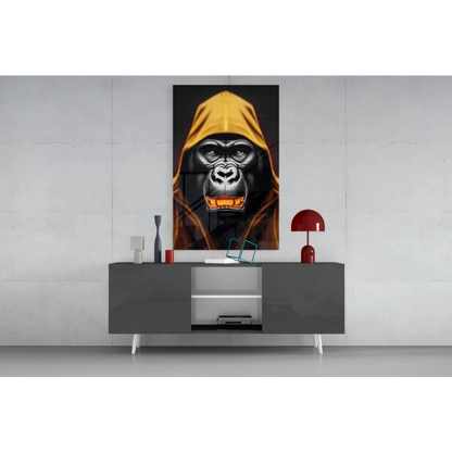 Glowing gorilla glass wall art with golden hoodie cloak
